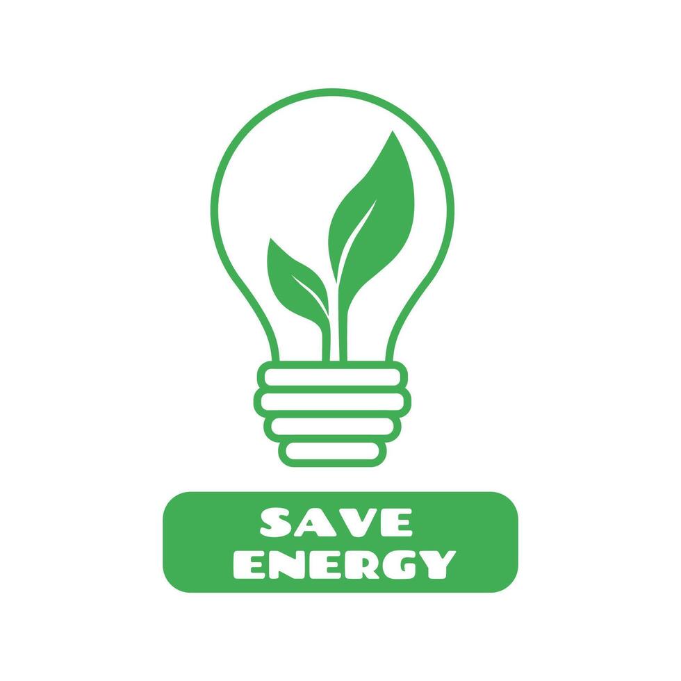 Save energy symbol. Lightbulb with leaves inside and  label with save energy text. Eco friendly, environmentally vector