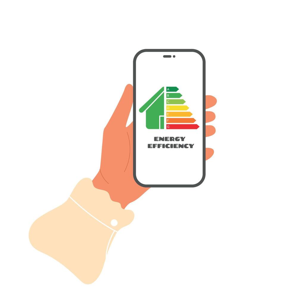 Hand holding phone with classification of house energy efficiency. Rating energy diagram on device screen vector