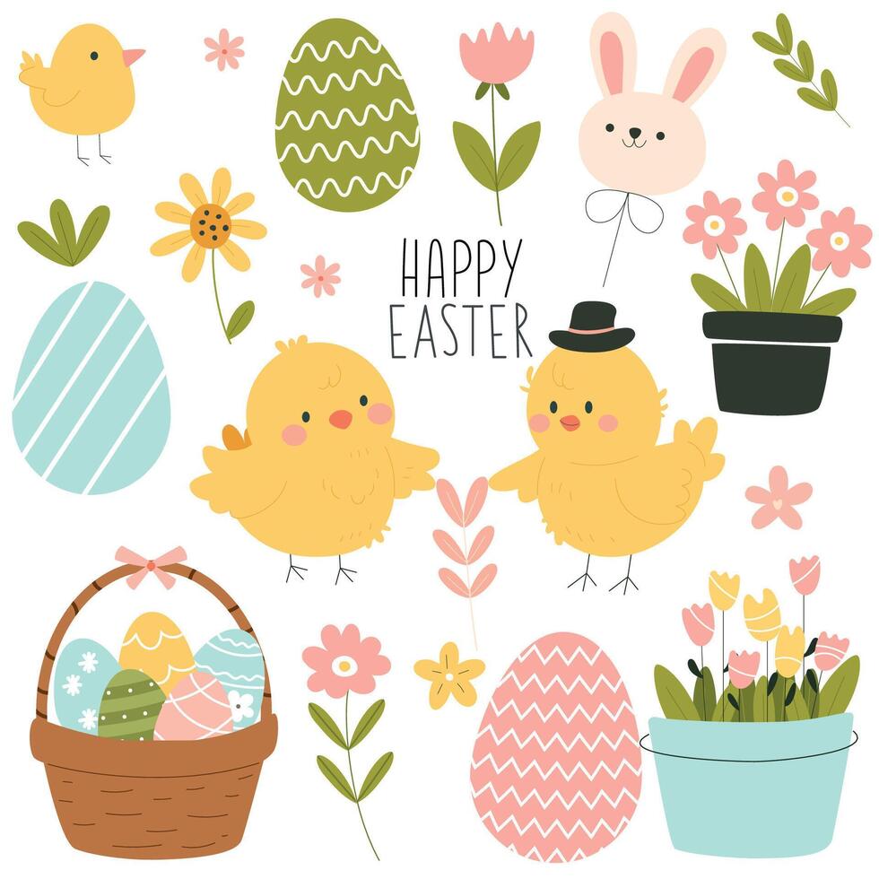 Happy easter set in hand drawn style on white background.  Cartoon flat vector holiday illustration