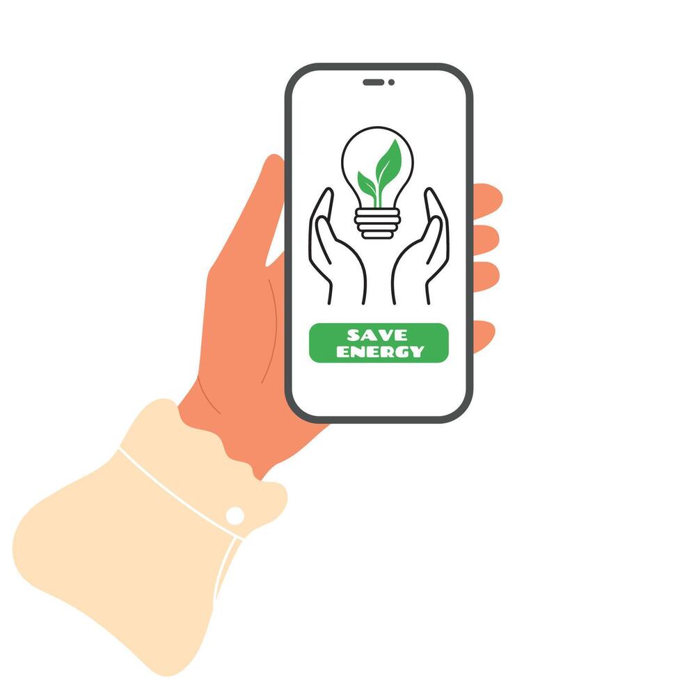 Hand holding phone with save energy button amd icon with hands up. Lightbulb with green leaves inside vector