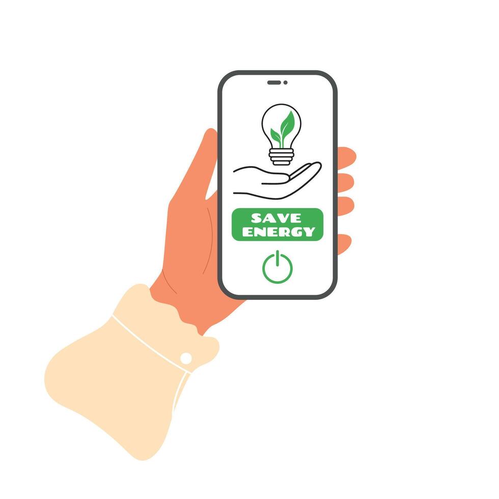 Hands hold phone with save energy icon on screen. Lightbulb with green leaves inside and power mode button vector