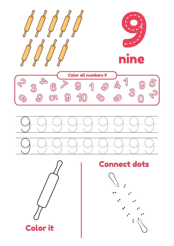 Many games on one page for kids education. Color page, connect dots, trace. Learning number 9 vector