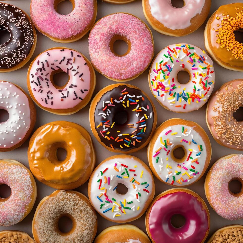 AI generated Top view pattern of donut with different variety of toppings photo