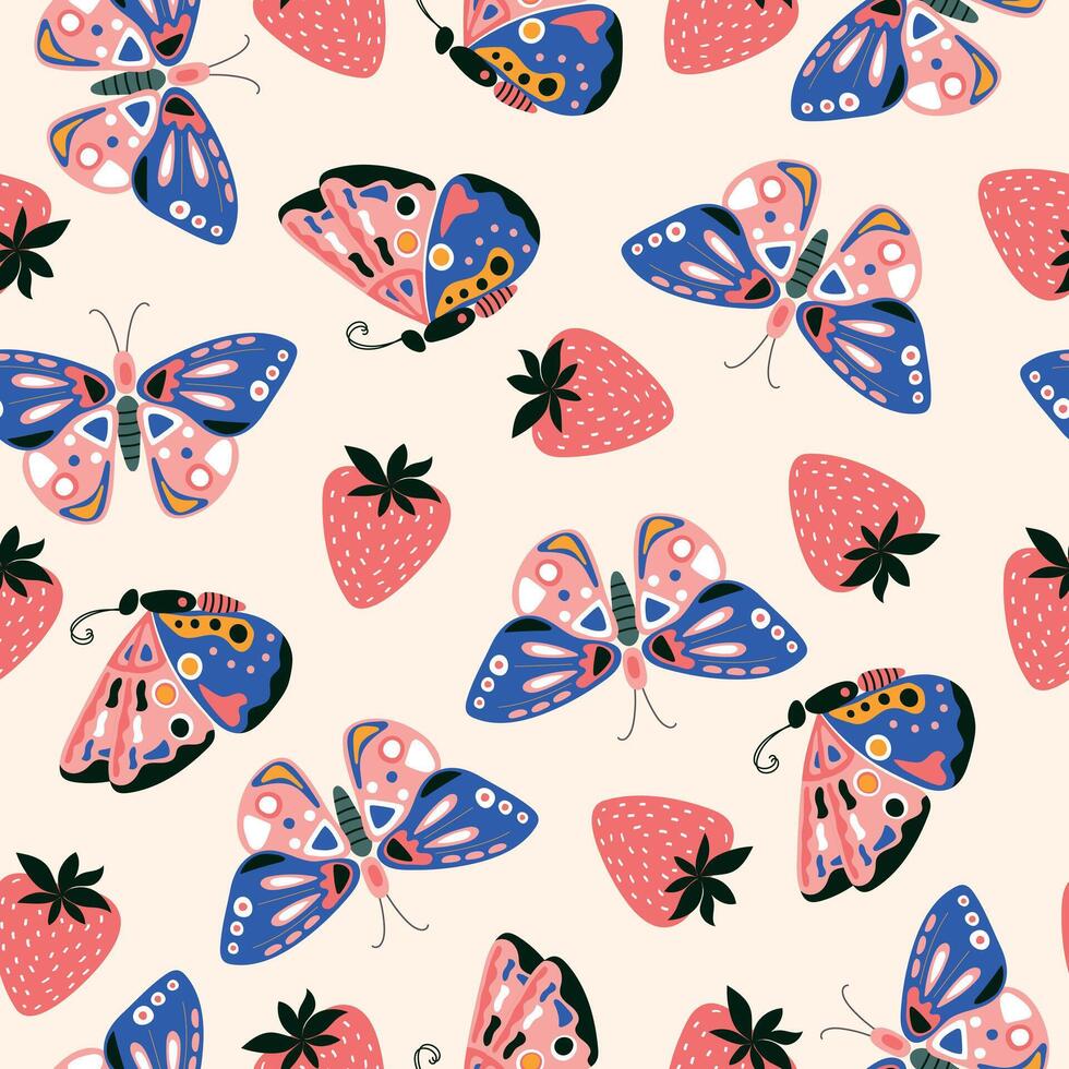 Seamless summer pattern with butterflies and strawberries. vector