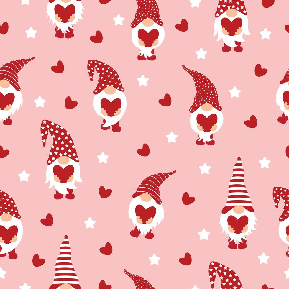 Seamless pattern with cute gnomes and hearts. vector