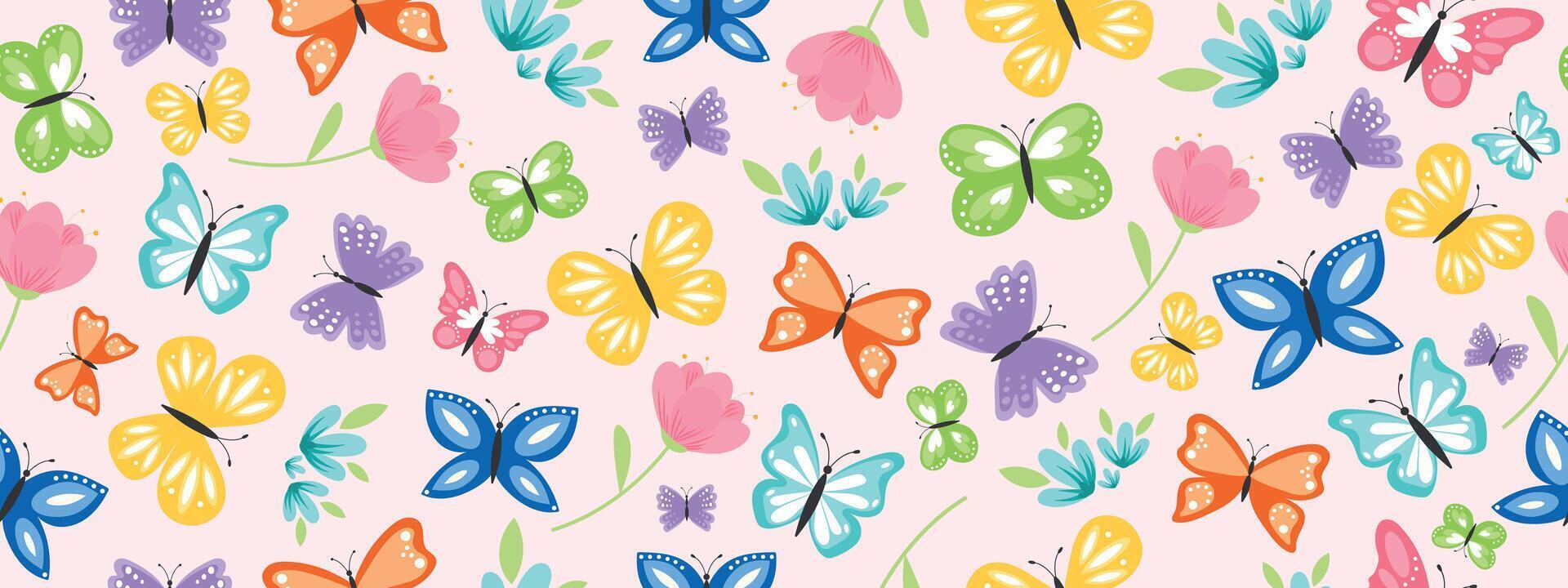 Cute cartoon butterflies with flowers. Seamless spring and summer pattern. vector