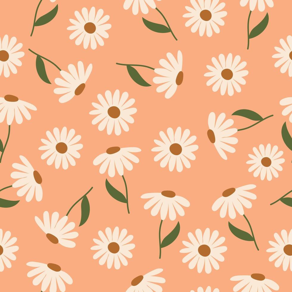 Seamless pattern with daisies on a peach background. Design of fabric, cover, packaging. Summer print. vector