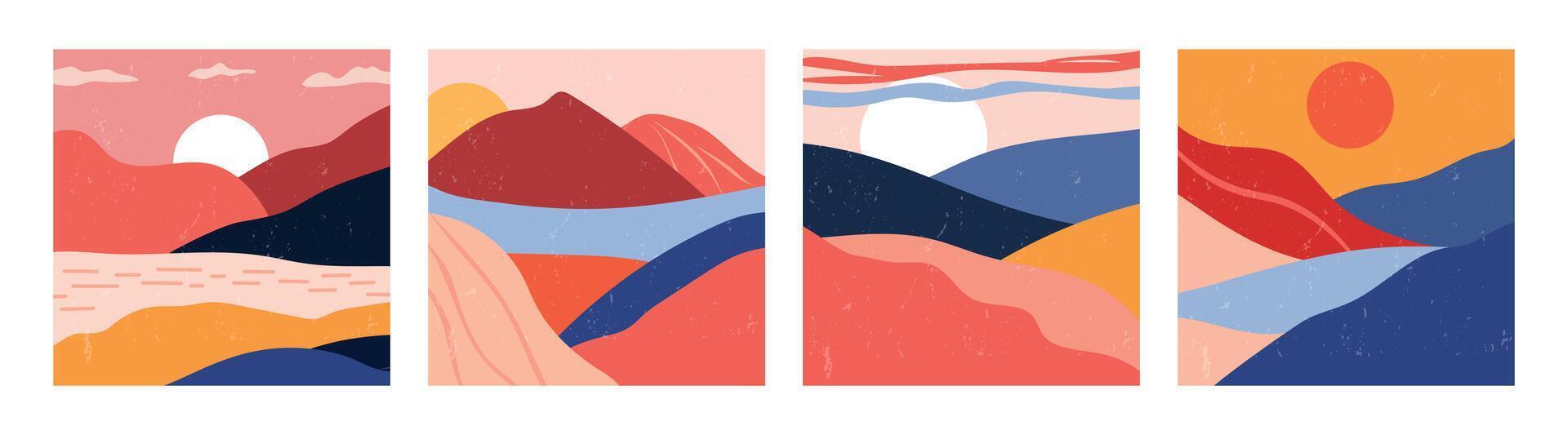 conjunto de resumen paisaje pancartas de moda plano antecedentes montaña paisajes póster acerca de naturaleza, puesta de sol. vector