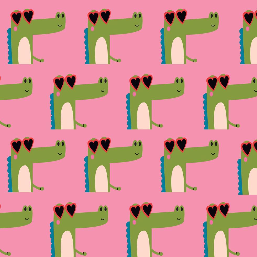 modelo con linda dibujos animados caimán cocodrilos broncearse con corazón lentes y rosado antecedentes vector