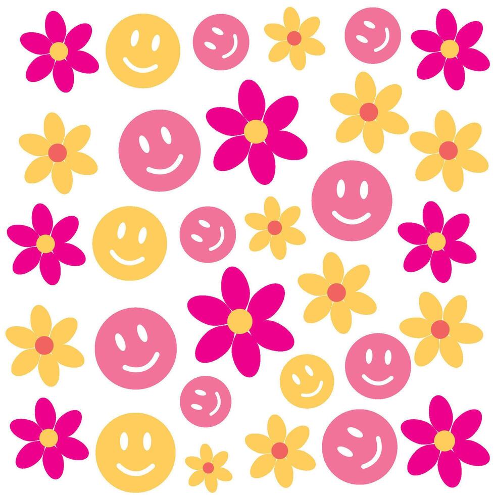 Hand drawn flat design flowers and smiling faces illustration. Floral pattern design vector