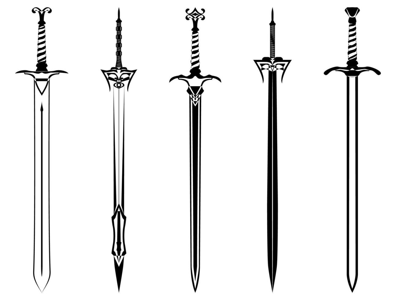 Sword outline SET. Ancient Longsword. Saber. Blade Tattoo. vector