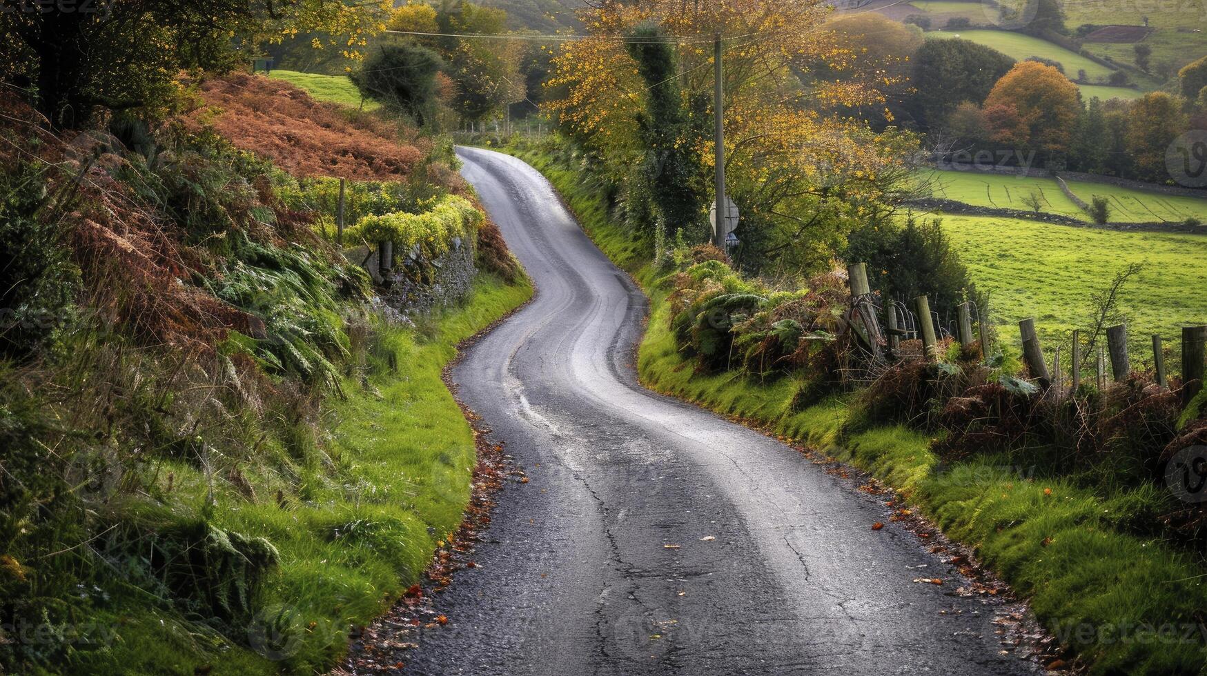 ai generado estrecho la carretera en el colina foto