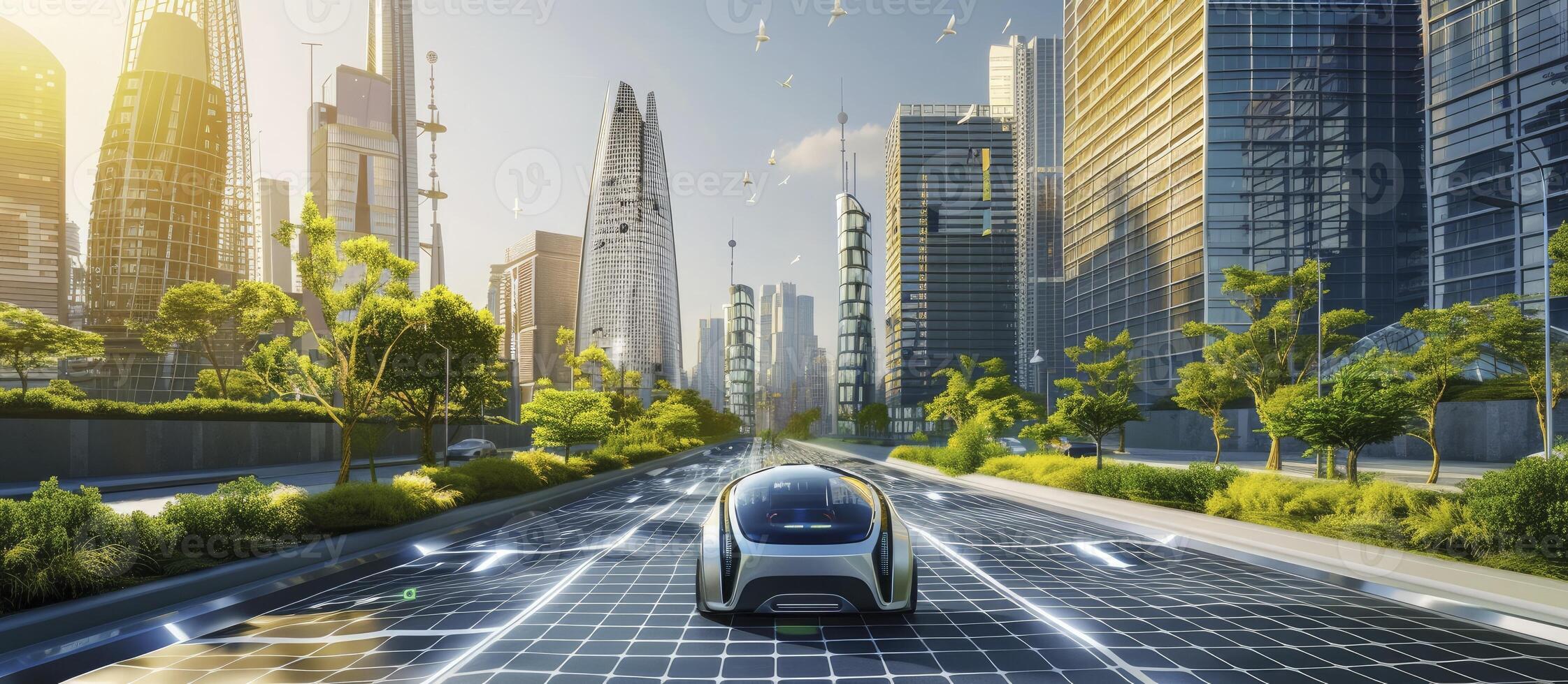 AI generated City of Tomorrow. Futuristic Scene Featuring Advanced Technology with Delivery Robots Navigating Streets Lined with Buildings Networked with Solar Photovoltaic Panels. photo