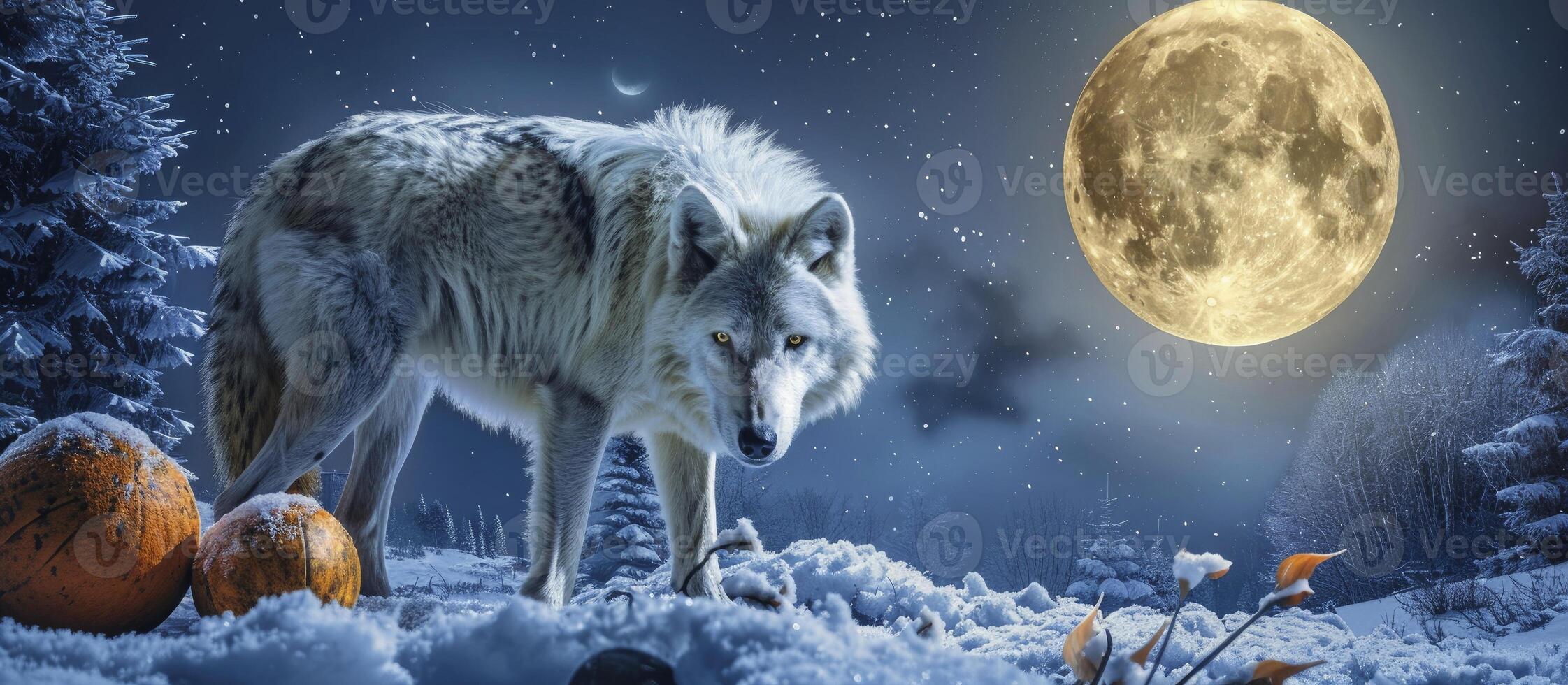 AI generated Majestic Solitude, Close-up of a Mysterious White Wolf Standing in a Snowy Landscape Beneath a Large Full Moon. photo