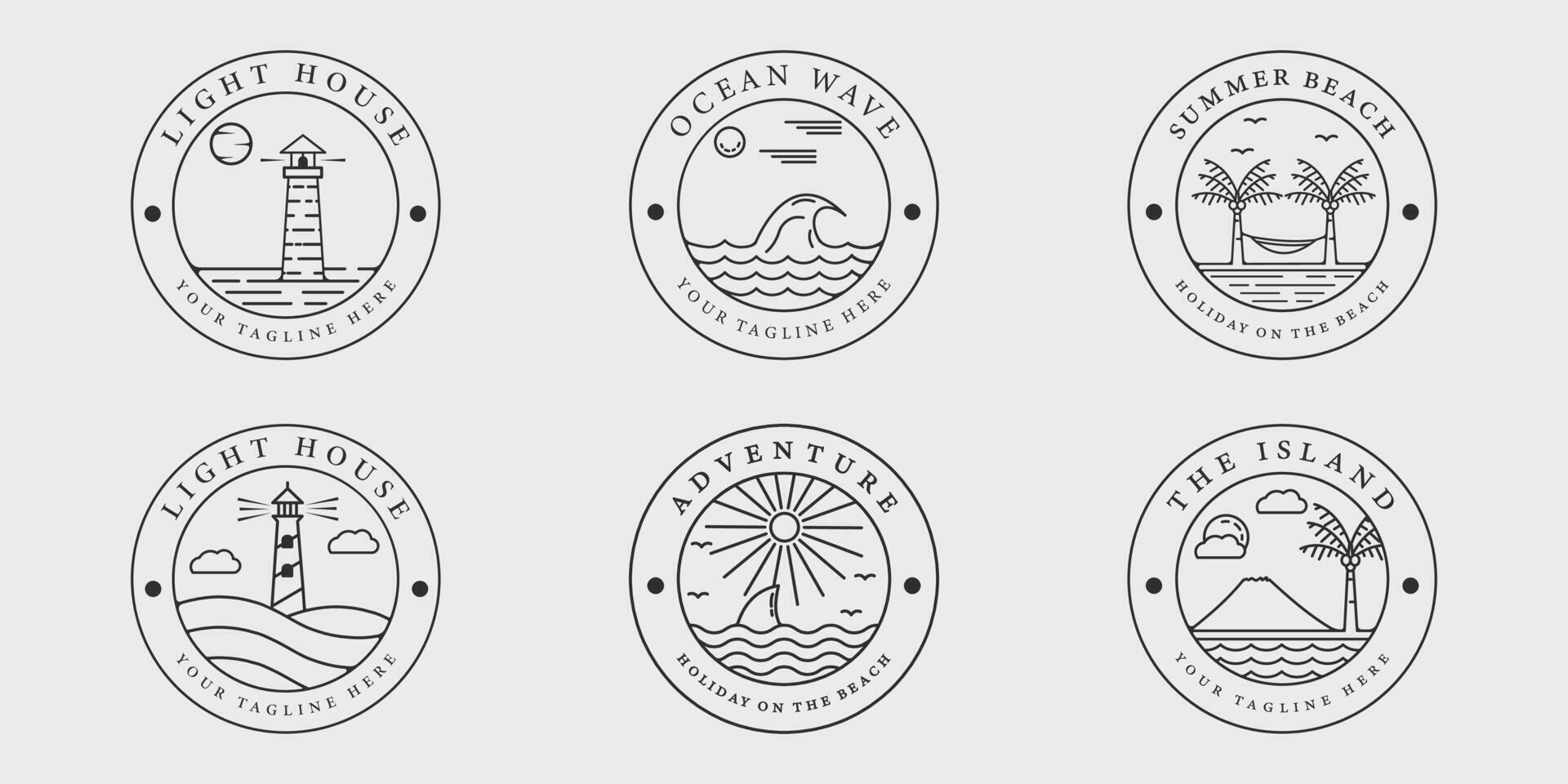 set logo beach or island badge  line art vintage vector illustration template icon graphic design