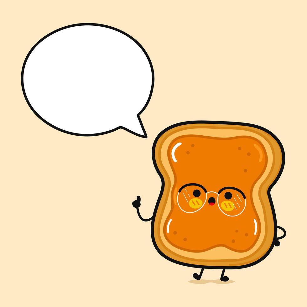 Toast piece of bread with peanut butter with speech bubble. Vector hand drawn cartoon kawaii character illustration icon. Isolated on brown background. Toast piece of bread peanut butter concept