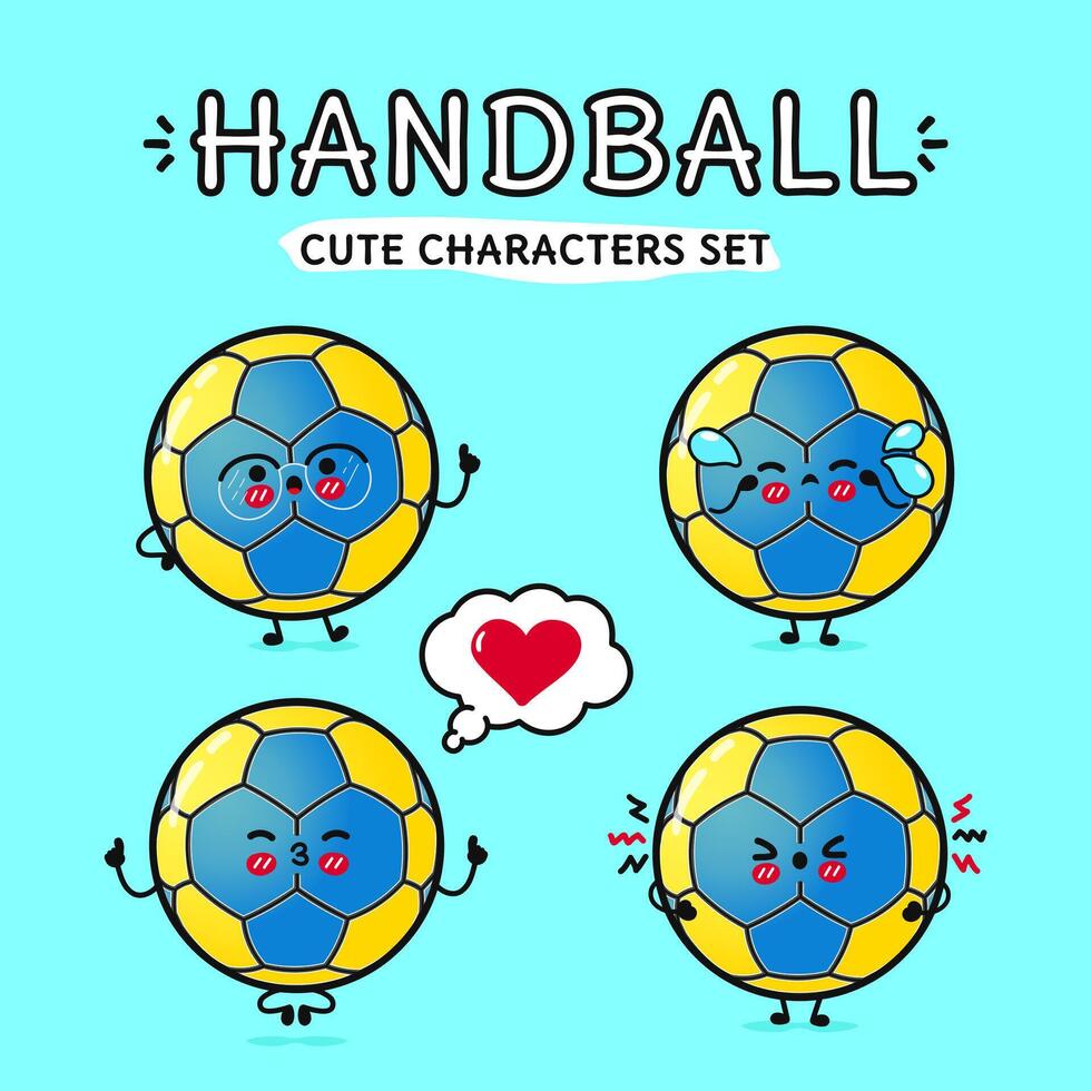 Funny cute happy Handball characters bundle set. Vector hand drawn doodle style cartoon character illustration icon design. Isolated on blue background. Handball ball mascot character collection