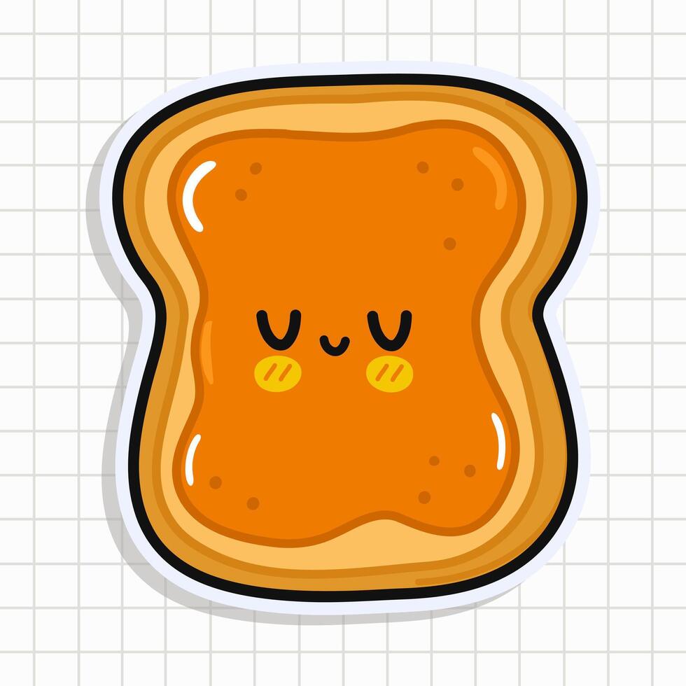 Cute funny Toast piece of bread with peanut butter sticker. Vector hand drawn cartoon kawaii character illustration icon. Isolated background Toast piece of bread with peanut butter character concept