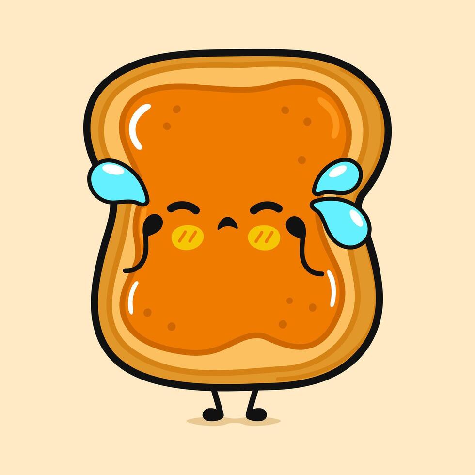 Crying Toast piece of bread with peanut butter character. Vector hand drawn cartoon kawaii character illustration icon. Isolated on brown background. Toast piece of bread with peanut butter character
