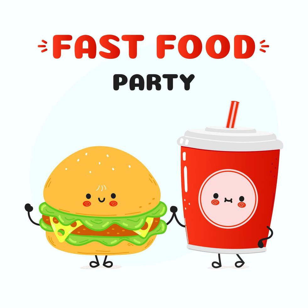 Cute happy hamburger cola card. Vector hand drawn doodle style cartoon character illustration icon design. Happy hamburger cola friends concept card