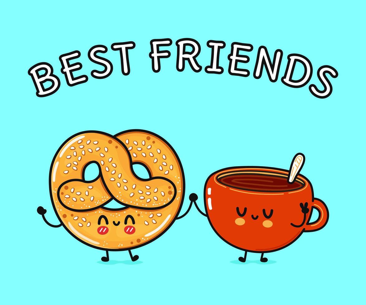 Cute, funny happy Cup of coffee and French pretzel character. Vector hand drawn cartoon kawaii characters, illustration icon. Funny cartoon Cup of coffee and French pretzel friends concept