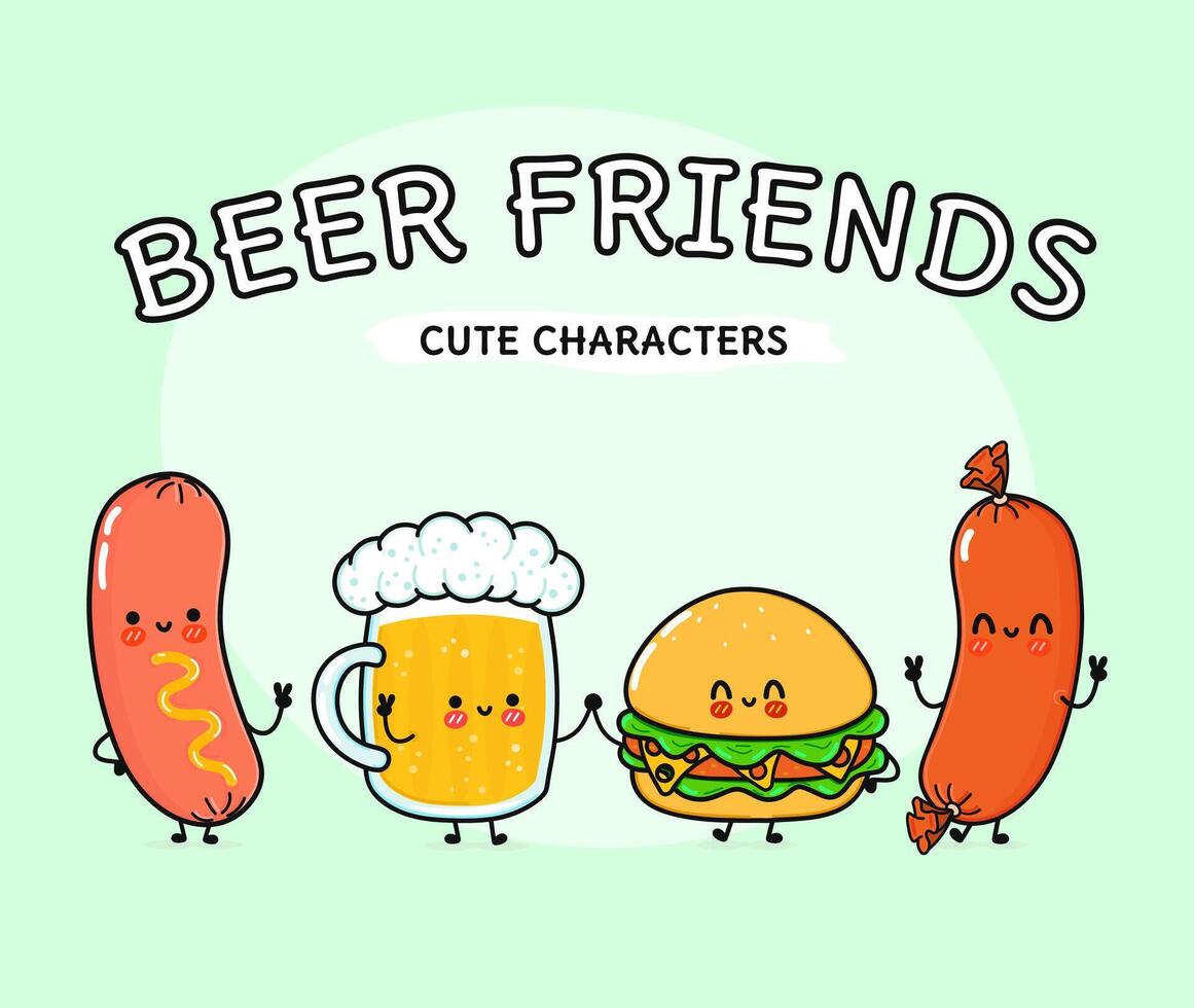 Cute, funny happy glass of beer, sausage with mustard and hamburger. Vector hand drawn cartoon kawaii characters, illustration icon. Funny happy  glass of beer sausage with mustard hamburger friends