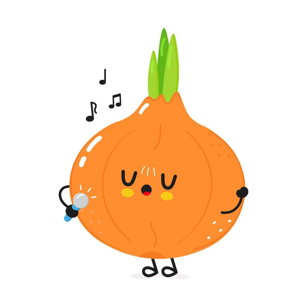 Onion sings into a microphone character. Vector hand drawn cartoon kawaii character illustration icon. Isolated on white background. Onion character concept