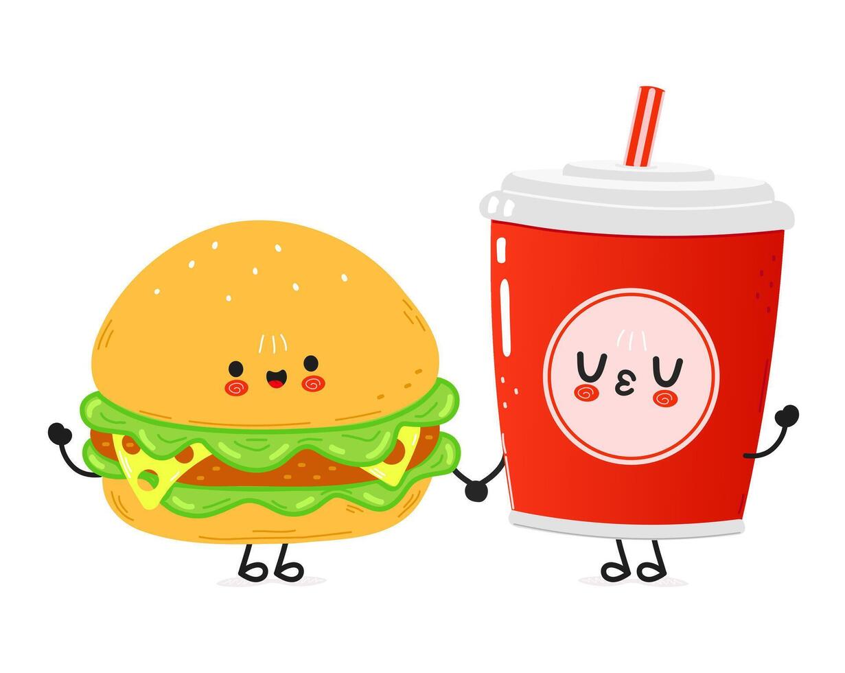Cute happy hamburger cola card. Vector hand drawn doodle style cartoon character illustration icon design. Happy hamburger cola friends concept card