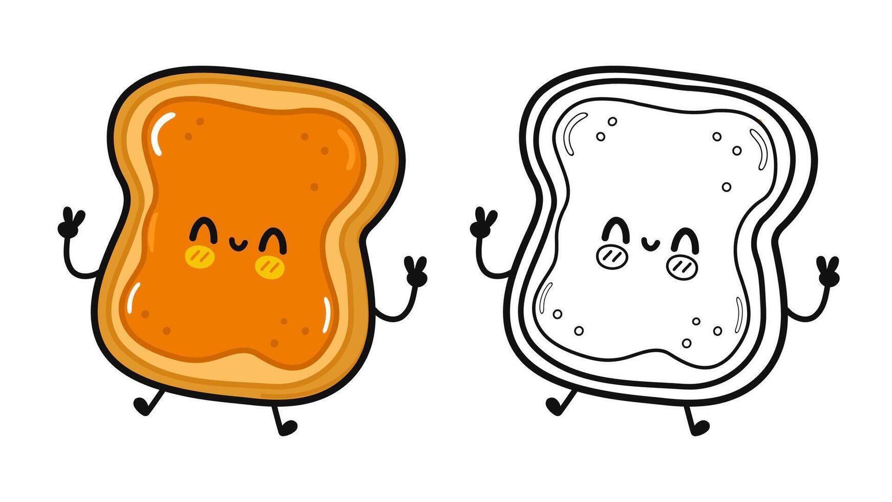 brindis pedazo de un pan con maní mantequilla caracteres haz colocar. vector mano dibujado dibujos animados kawaii ilustración. linda brindis pedazo un pan con maní manteca. contorno dibujos animados ilustración para colorante libro