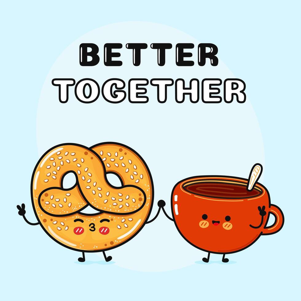 Cute, funny happy Cup of coffee and French pretzel character. Vector hand drawn cartoon kawaii characters, illustration icon. Funny cartoon Cup of coffee and French pretzel friends concept