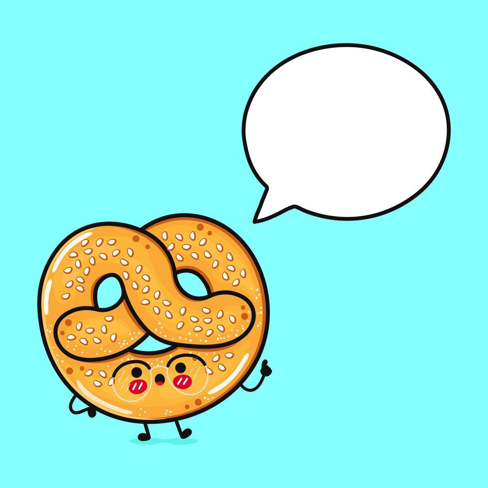 French pretzel with speech bubble. Vector hand drawn cartoon kawaii character illustration icon. Isolated on blue background. French pretzel character concept