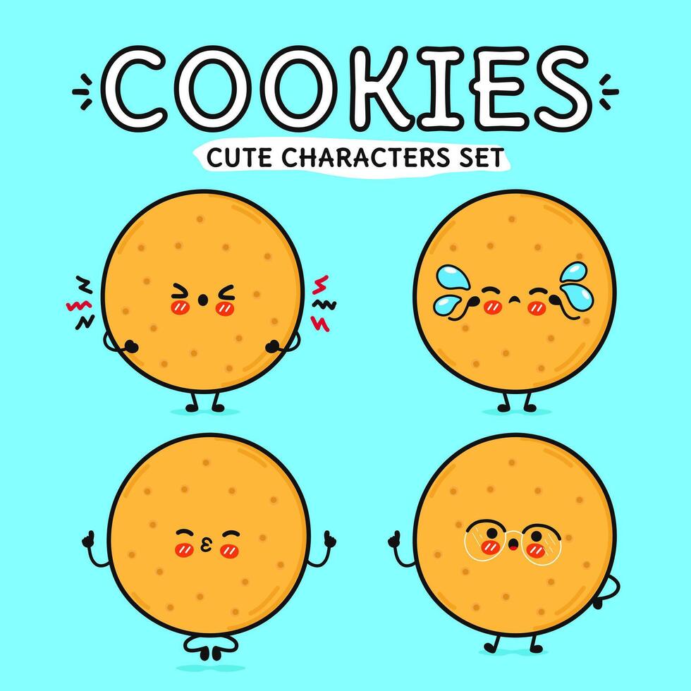 Funny cute happy cookies characters bundle set. Vector hand drawn doodle style cartoon character. Isolated on blue background. Cookies character collection