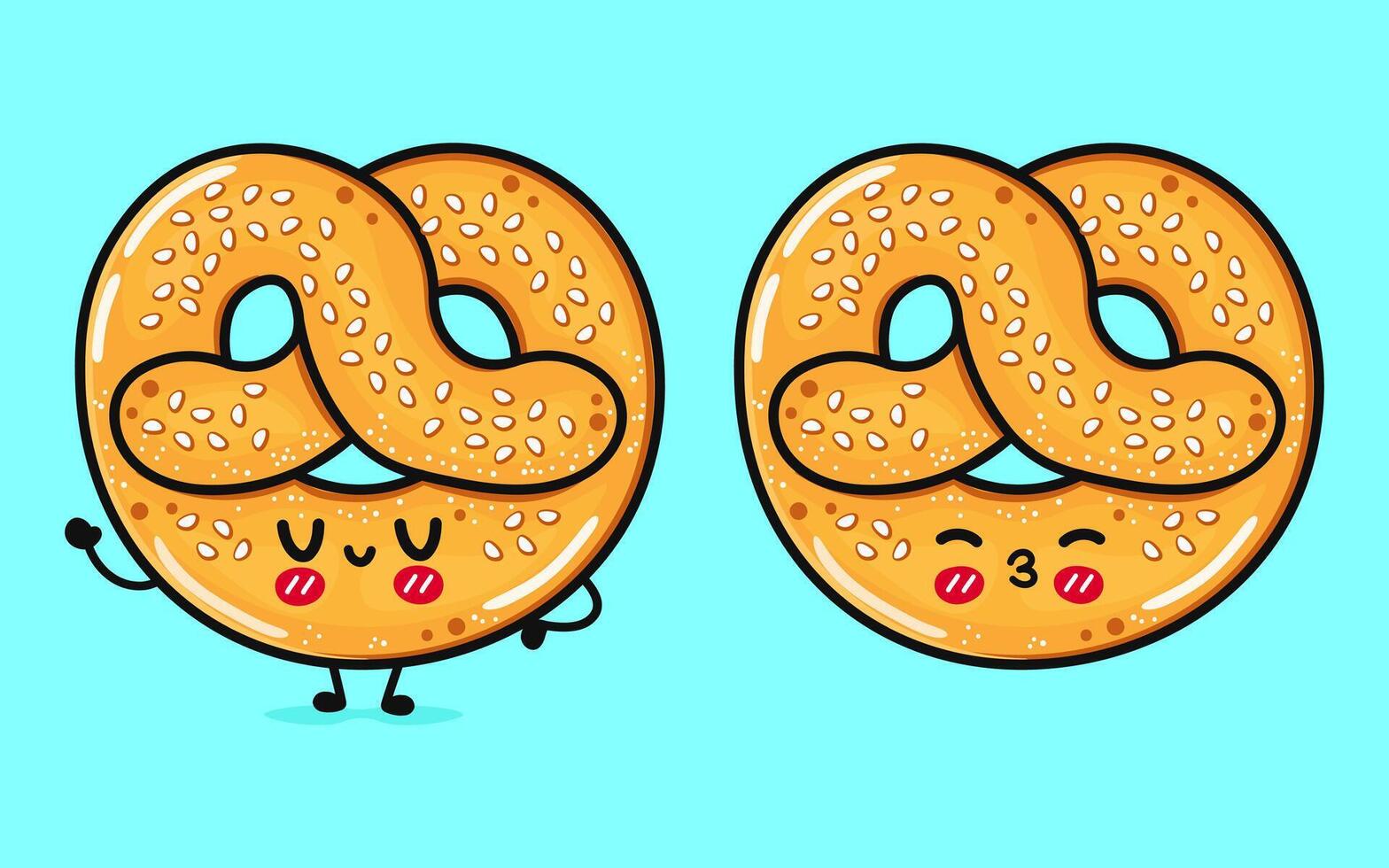 Cute funny French pretzel. Vector hand drawn cartoon kawaii character illustration icon. Isolated on blue background. French pretzel character concept