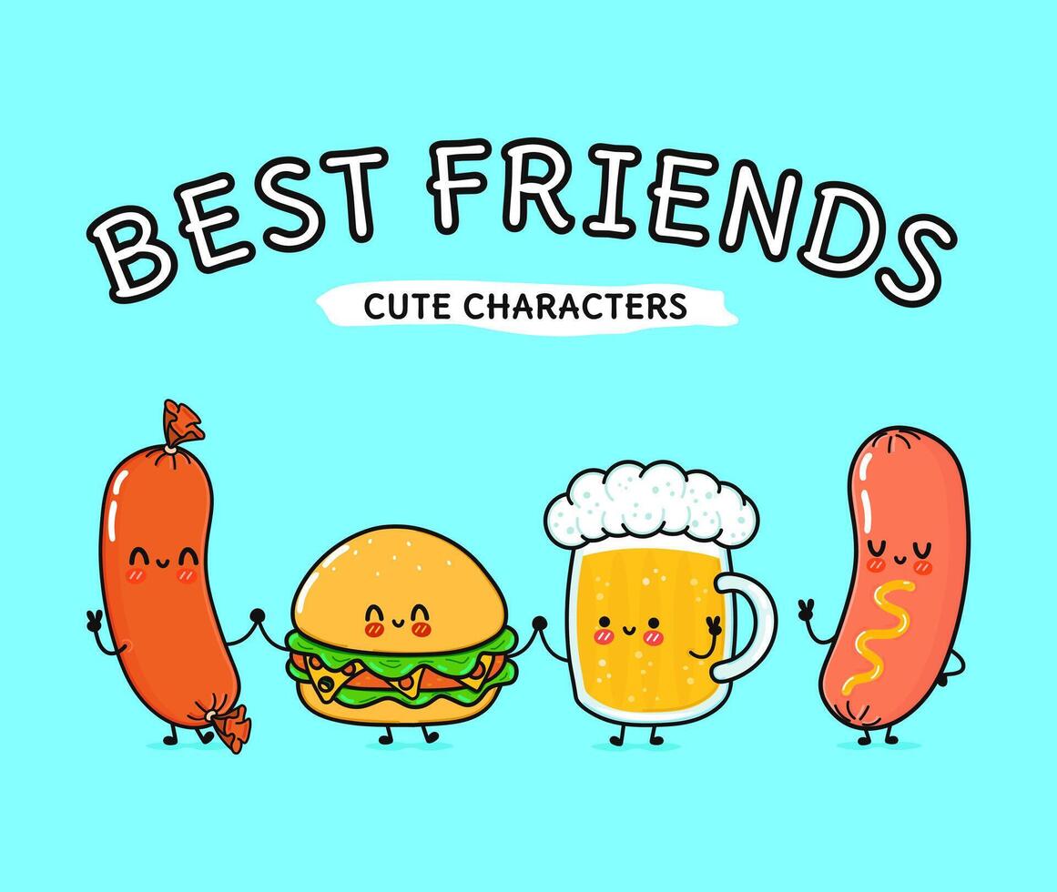 Cute, funny happy glass of beer, sausage with mustard and hamburger. Vector hand drawn cartoon kawaii characters, illustration icon. Funny happy  glass of beer sausage with mustard hamburger friends