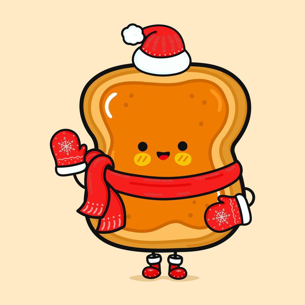 gracioso sonriente contento brindis pedazo de un pan con maní mantequilla Navidad. vector plano dibujos animados personaje ilustración icono diseño. aislado en marrón antecedentes