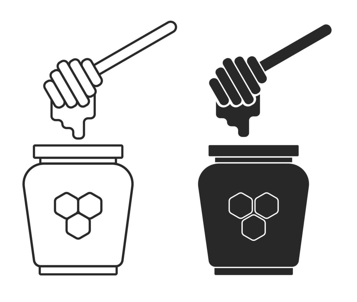 Honey jar with spoon linear icon. Symbol dipper honey. Outline vector illustration.