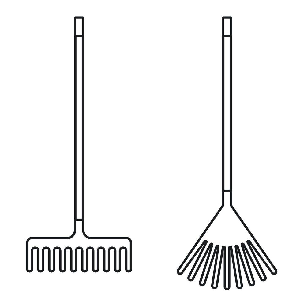 Garden rake outline icon. Straight and rounded rake simple line vector icon.