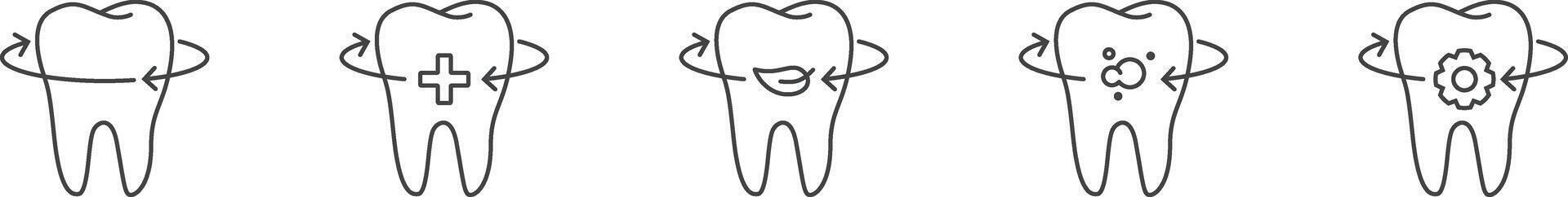 Tooth restoration icon. Tooth icons with mint, plus, arrow. Vector illustration of simple lines.