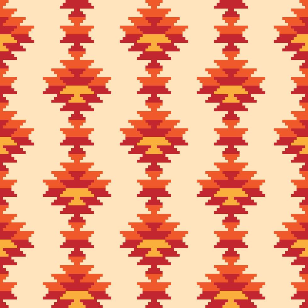 Seamless pattern in the style of Native Americans. It features red, orange, and yellow geometric shapes on a white background. The pattern repeats, and it could be used for fabric or wrapping paper . vector