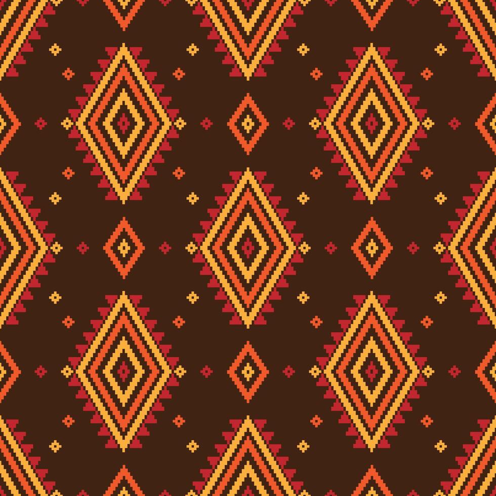 Native pattern in the style of embroidery. Seamless pattern features colorful geometric shapes, including squares, triangles, and diamonds, arranged in rows on a white background. vector