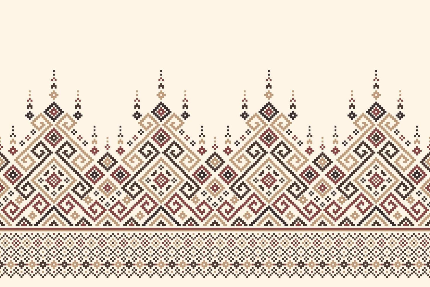 Native ethnic pattern features interlocking geometric shapes, including squares, diamonds, and triangles, in shades of orange, yellow, blue, and black on a beige background. vector