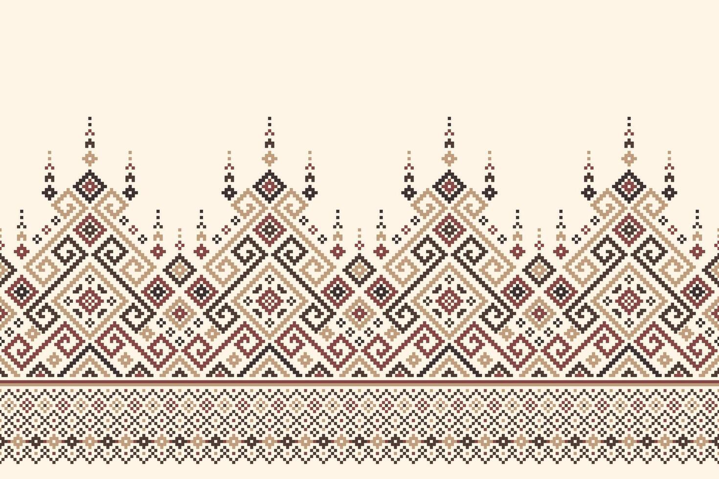 Native ethnic pattern features interlocking geometric shapes, including squares, diamonds, and triangles, in shades of orange, yellow, blue, and black on a beige background. vector