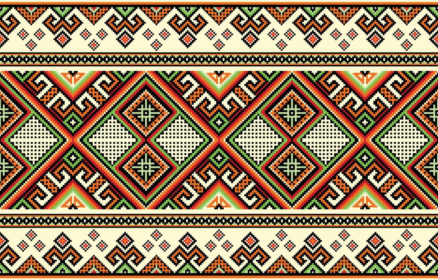 Native American inspired This colorful pattern features interlocking diamonds, squares and triangles on a beige background vector