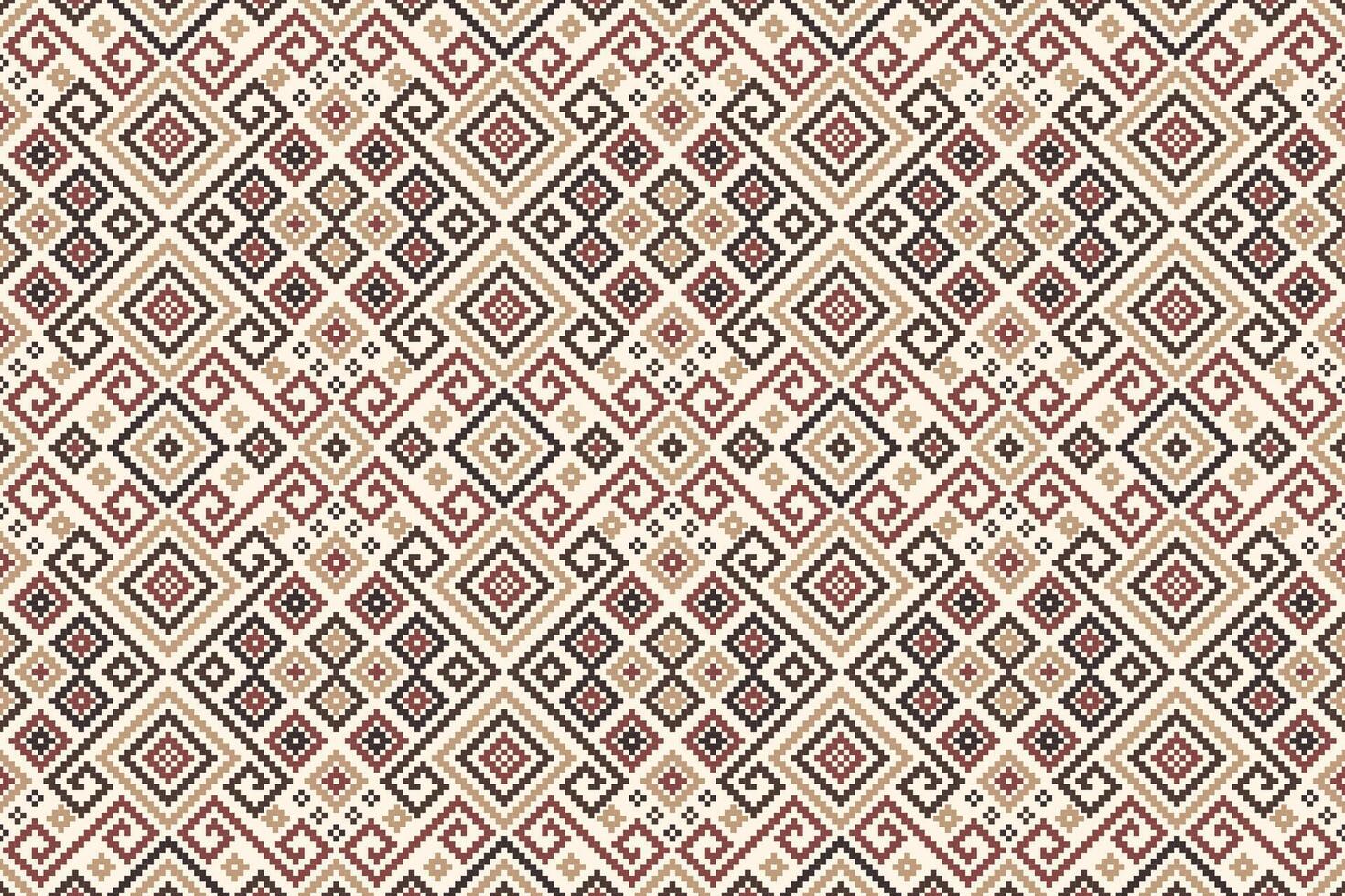Ethnic pattern a geometric design with squares, triangles, and circles in shades of red, yellow, and brown on a beige background. The seamless design. vector