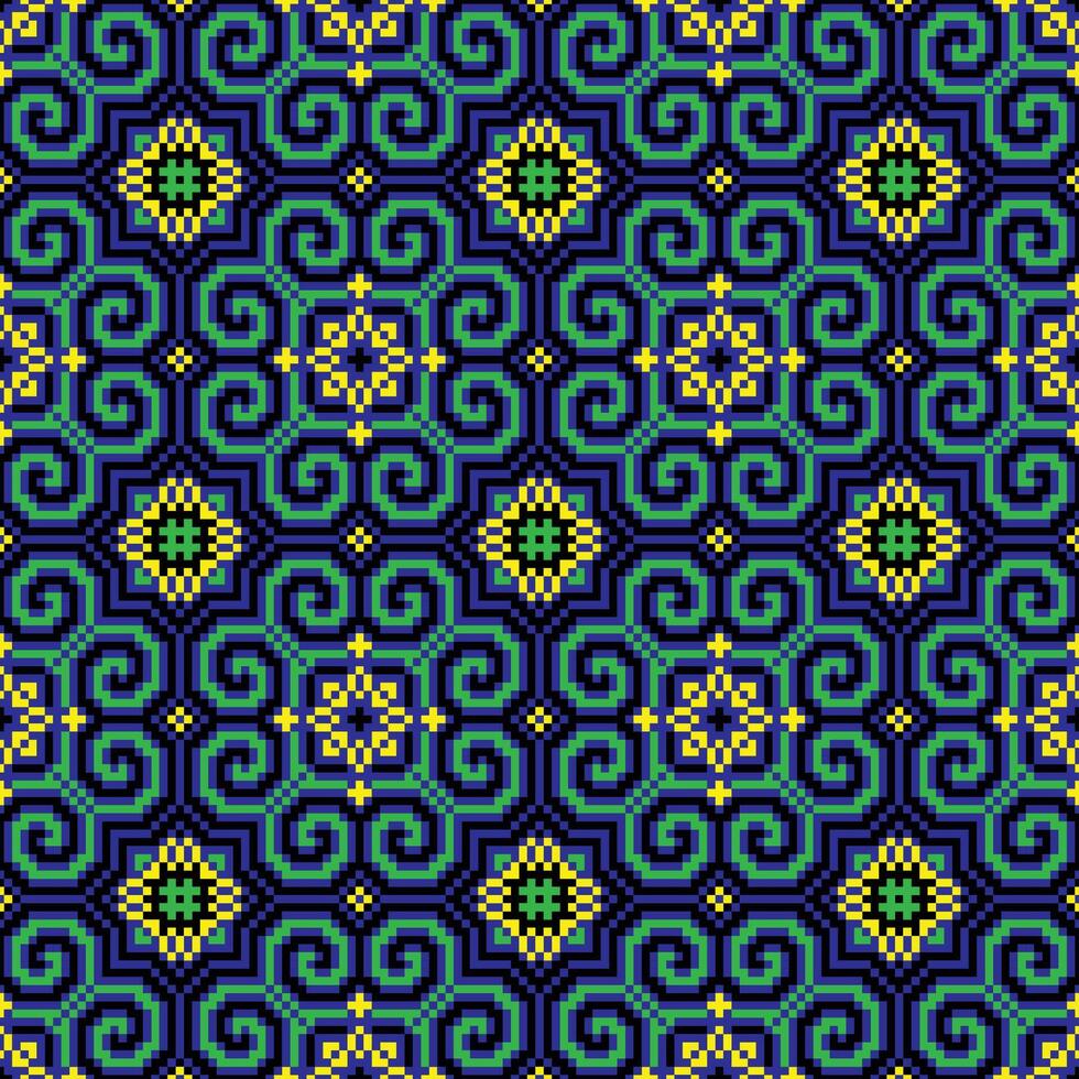 Cross stitch pattern featuring a seamless geometric pattern in shades of blue, green, and yellow. Design for embroidery, floral pattern, stitches, floral motif, textile art, tablecloth, pillowcase. vector