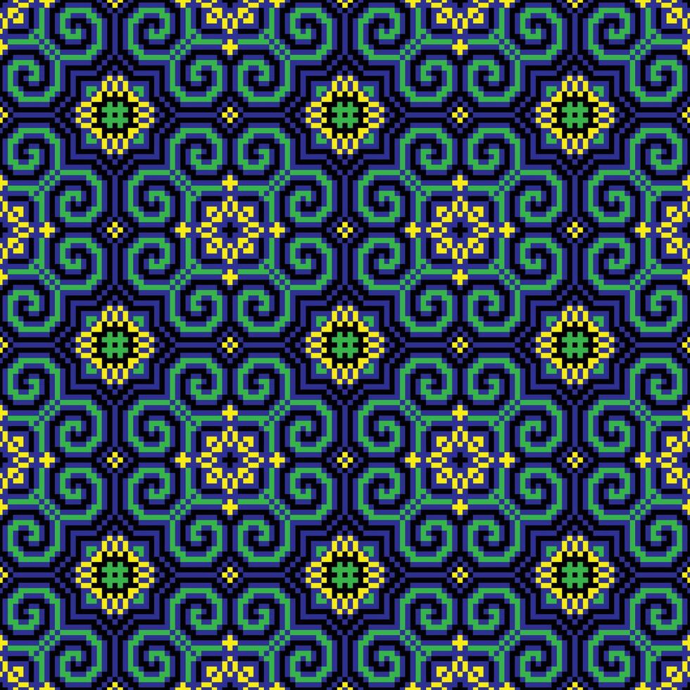 Cross stitch pattern featuring a seamless geometric pattern in shades of blue, green, and yellow. Design for embroidery, floral pattern, stitches, floral motif, textile art, tablecloth, pillowcase. vector