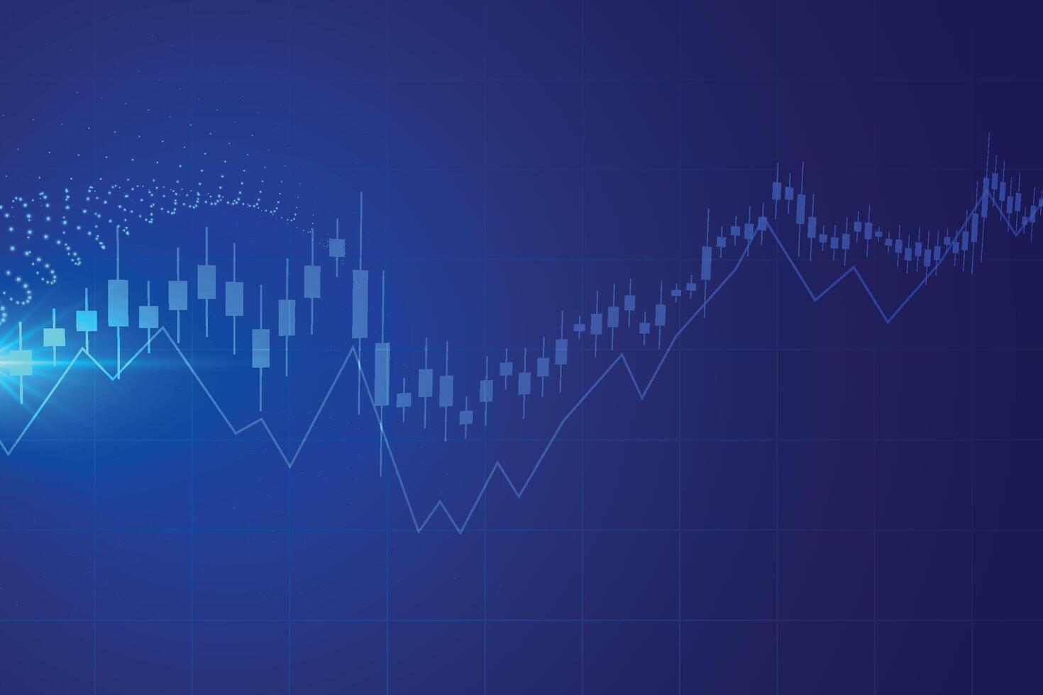Gráfico de gráfico de palo de vela de negocios de comercio de inversión en bolsa sobre fondo azul. punto alcista, tendencia ascendente del gráfico. diseño de vectores de economía