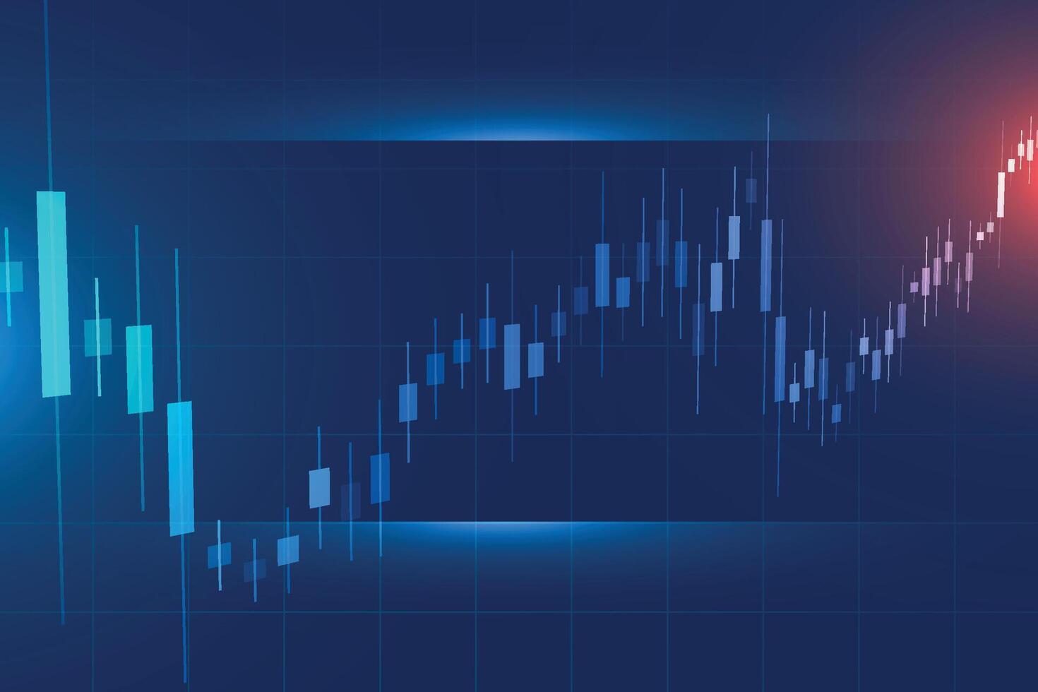 Gráfico de gráfico de palo de vela de negocios de comercio de inversión en bolsa sobre fondo azul. punto alcista, tendencia ascendente del gráfico. diseño de vectores de economía