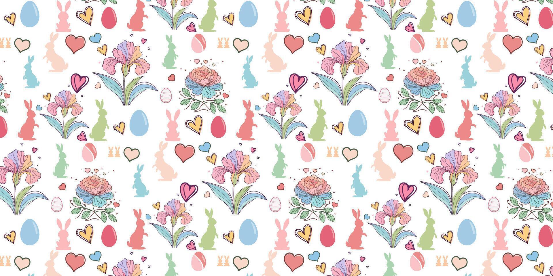 Happy Easter banner featuring trendy hand-painted doodles, dots, eggs, and bunnies in pastel colors. Modern minimalist style suitable for horizontal posters, greeting cards, and website headers vector