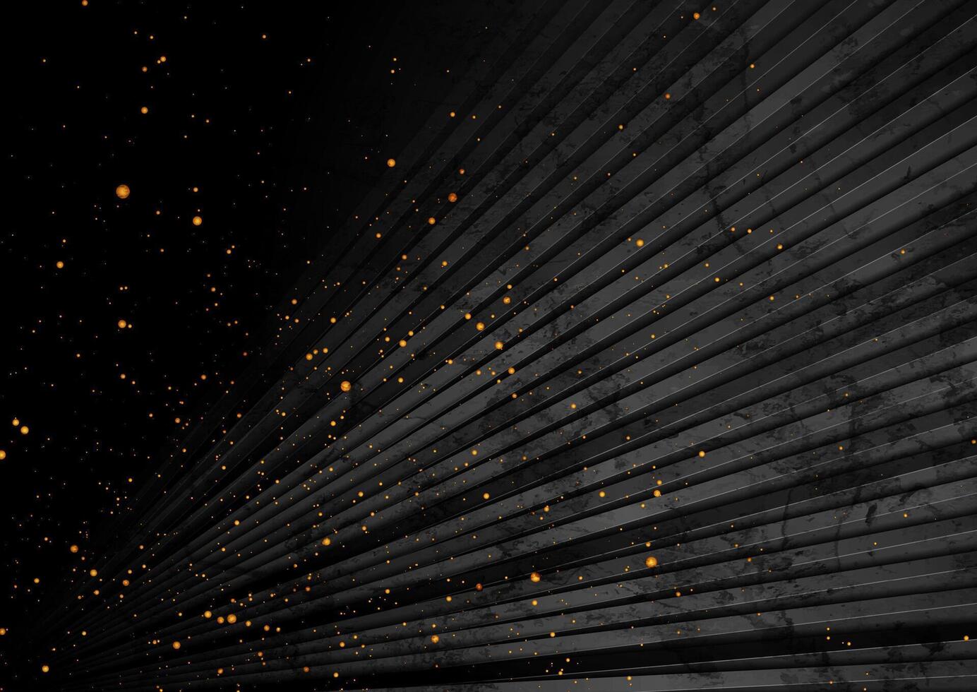 Black grunge texture striped background with golden particles vector